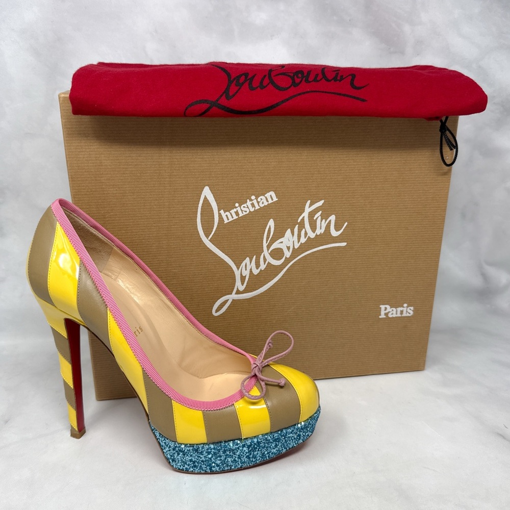 Christian Louboutin Foraine 140 Bow Striped Leather Glitter Platform Pumps Heels - Picture 2 of 16